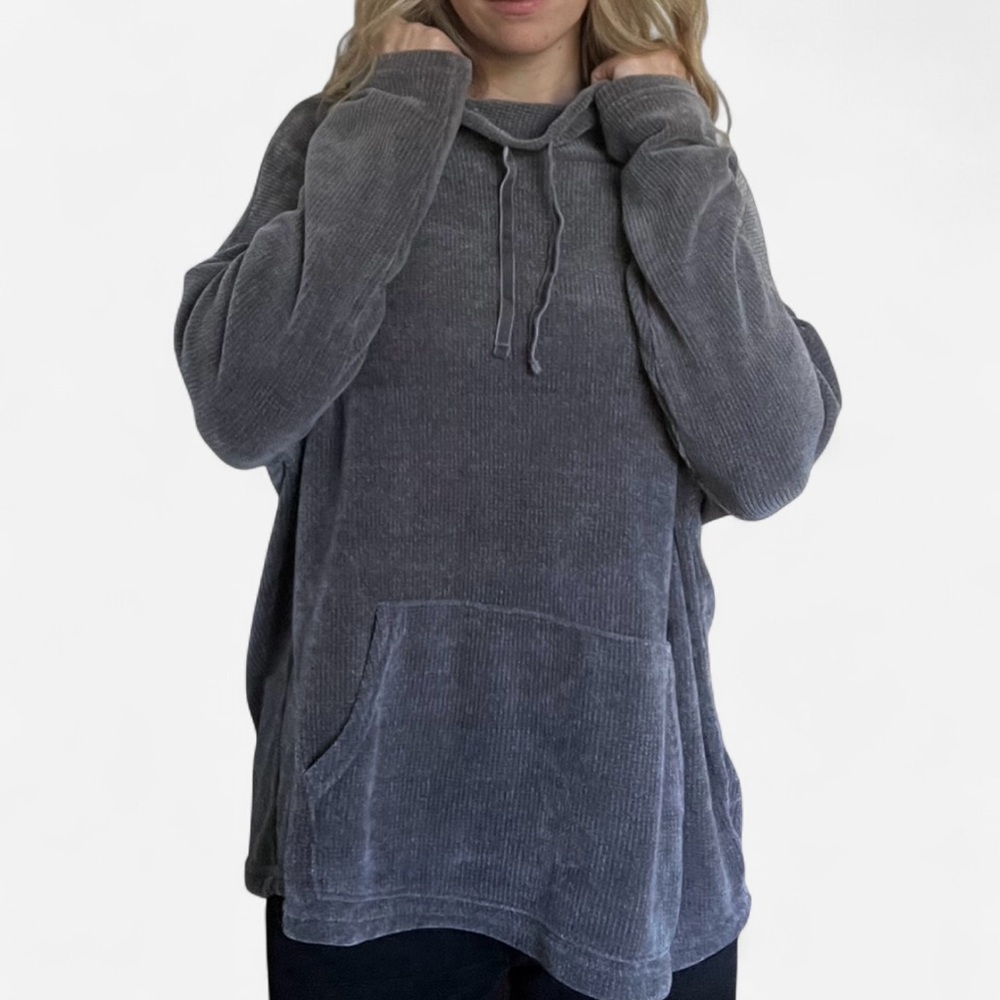Oversized Gray Ribbed Cowl Neck Sweater with Pocket, Size Medium